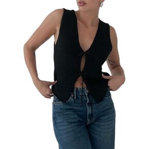 Women Knit Vest Top Tie Front Tank Top V Neck Sleeveless Crochet Top Vintage Summer Going Out Streetwear