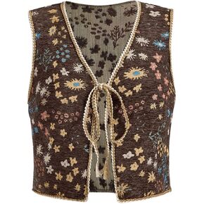 Verdusa Women's Plus Size Tie Front Sleeveless V Neck Floral Print Boho Vest Tank Top