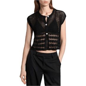 Women's Hollow Out Button Down Vest Cap Sleeve Crew Neck Summer Knitted Crop Tops