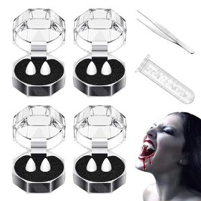 4 Pairs Vampire Teeth with Adhesive and Tweezer , 4 Size Halloween Decorations Vampire Fangs , Halloween Fake Teeth Props for Halloween Party Makeup Dressup Favors Cosplay Props (13mm,15mm,17mm,19mm)