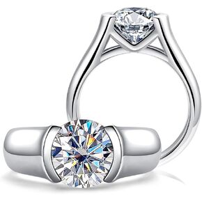 3 Carat Moissanite Half Bezel Set Promise Ring for Women Platinum Plated Silver D color VVS 9.5 mm Moissanite Diamond Tension Solitaire Engagement Band