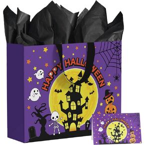 JEWOU Purple Halloween Party Gift Bag Halloween Birthday Gift Bag with Tissue Paper and Card Halloween Night Pumpkin Cat Ghost Wrapping Bat-Themed Favor Bag Halloween Wrapping Paper for Trick or Treat