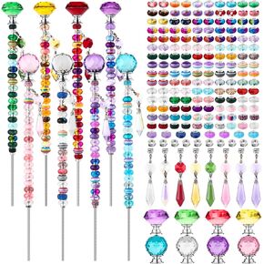 192 Pcs Beaded Garden Stakes Kit - DIY Fairy Wand Garden Stake Beads Kit with 8 Colorful Crystal Stopper Tops 8 Threaded Rods 8 Crystal Charms & 158 Round Beads for Garden Craft Decoration Supplies