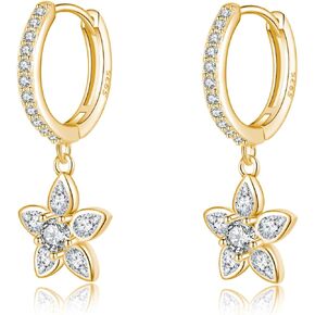 Reffeer Solid 925 Sterling Silver CZ Flower Earrings Dangle for Women Teens Flower Drop Hoop Earrings Huggie