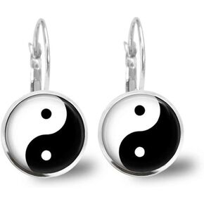 Enamel Black White Tai Chi Yin Yang Dangle Earrings