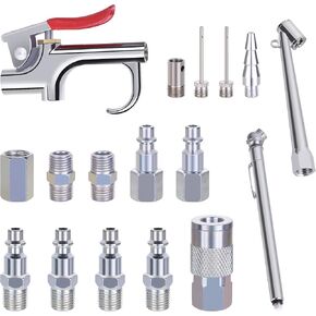 JOROY 16 Pieces Air Compressor Accessories Kit, 1/4 Inch x 25 feet Recoil Nylon Air Compressor Hose Kit, 1/4" NPT Quick Connect Air Fittings, Tire Inflator Gauge, Blow Gun, Air Chuck