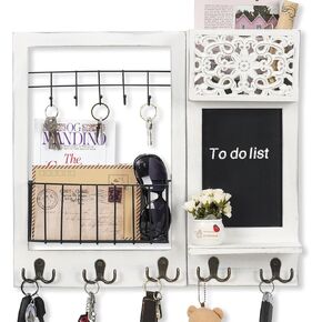Key Holder for Wall, Mail Organizer Wall Mount with 5 Hooks and Shelf, Wall Decorative with 5 Double Hooks and Chalkboard for Home Coat/Letter/Dog Leash/Entryway/Hallway/Living Room Decor
