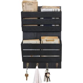 Mail Organizer Wall Mount with 4 Key Hooks, Rustic Wooden Hanging Mail Sorter Farmhouse Key Holder for Wall Decoration, 2-Slot Wall File and Magazines Bill Letter Holder