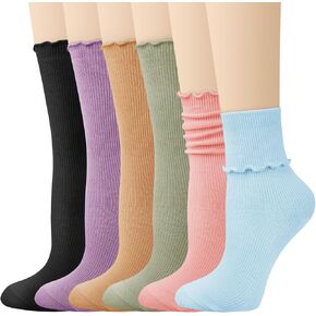 Justay 6 Pairs Womens Ruffle Socks Soft Cute Frilly Turn-Cuff Long Socks Casual Knit Cotton Crew Socks for Women Gifts