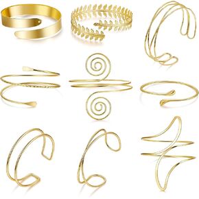 9Pcs 18K Gold Plated Upper Arm Cuff for Women Dainty Leaf Teardrop Coil Armband Armlet Minimalist Adjustable Arm Cuff Bracelet Set Jewelry