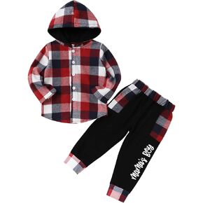 Fuermos Toddler Boy Clothes Plaid Flannel Hoodied Sweatshirt Tops + Letter Print Pants Boys Fall Winter Outfits in Kuwait
