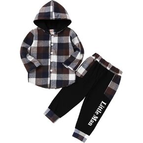 Fuermos Toddler Boy Clothes Plaid Flannel Hoodied Sweatshirt Tops + Letter Print Pants Boys Fall Winter Outfits