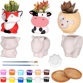 6 Sets Paint Your Own Animal Succulent Planter DIY Ceramic Animal Succulent Pots Figurines Unpainted Ceramic Paintable Cartoon Animal Shaped Flowerpots with Drainage Hole for Kids Classroom Craft