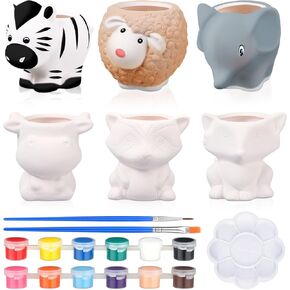 Beeveer 6 Sets Paint Your Own Ceramic Animal Shaped Succulent Planter Cartoon Mini Unpainted Flower Pots DIY Paintable Kit for Kids Classroom Craft Project Activity Christmas Valentine's Day Gift