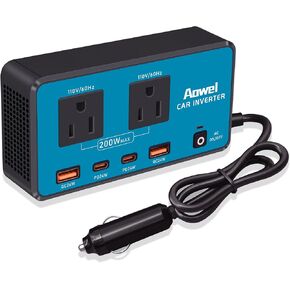 200W Car Power Inverter DC 12V to 110V AC Car Inverter with 4 Port PD3.0 & QC3.0 USB Car Travel Adapter Plug Outlet
