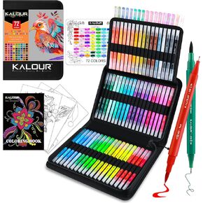 KALOUR 72 Art Markers Pens Set, Dual Tip Brush and Fine Point, Color Number and Name, Zipper Case, Adult Coloring, Lettering, Drawing
