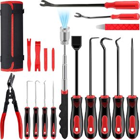 DWH 18 Pcs Precision Pick and Hooks Set, Auto Body Tool Kit with Scraper Telescoping Magnetic Pickup Tool Panel Clip Plier Fastener Remover, Metal Plastic Trim Tools, Automotive Mechanic Bag