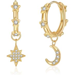 Small Dangle Hoop Earrings,Dainty Moon Star Drop Huggie Earring,Simple Tarnish Free Gold Moon Sun Earring Jewelry for Women Teen Girls