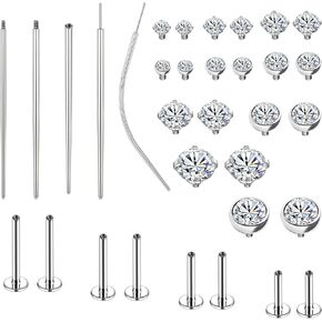 BodyAce 16G Internal Thread Lip Rings with Piercing Taper, Stainless Steel Flat Back Earrings Insertion Pin, CZ Nose Rings Studs Body Piercing Assistant Tool