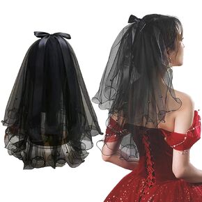 Black Veil Bow Pearls with Comb Women Bridal Bridesmaid Wedding Elegant Engagement Halloween Party Supplies Hair Accessories