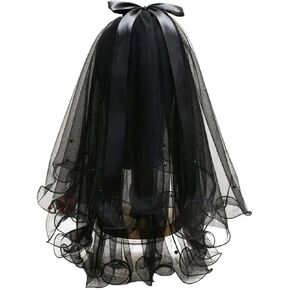 Short Black Wedding Veil, 2 Tier Gothic Bride Veil Halloween Party Bow Veil with Comb Cosplay Accessories for Women