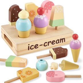 HERSITY Wooden Ice Cream Stand for Kids, Ice Cream Popsicle Toy Pretend Play Food Kitchen Accessories Playset Ice Lolly Shop Games for Toddlers Girls Boys 3 4 5 Years Old, YY-009