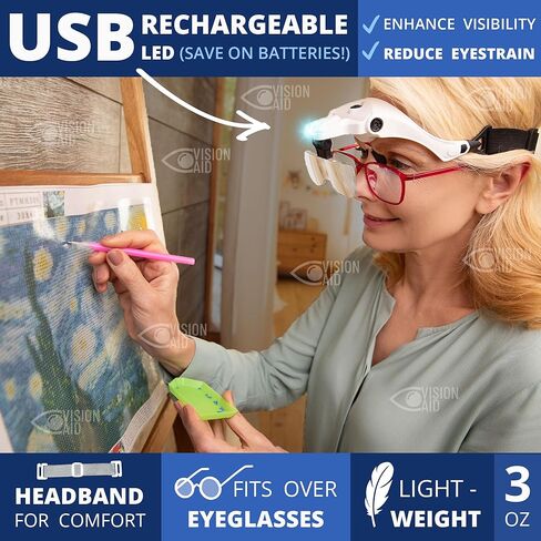 Vision Aid Magnifying Glasses with Light for Close Work, Illuminated Hands Free Headband Magnifier Goggles with Storage Case for Hobby Painting Reading Coin Watch Bead Jewelry… in Saudi Arabia