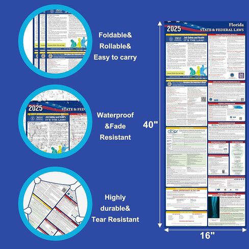 2025 Florida State and Federal Labor Laws Poster,OSHA Workplace Compliant,English Employment Poster,All in One Required Compliance Posting 16" x 40" in Kuwait
