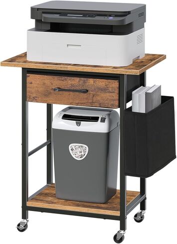 حامل طابعة مع درج تخزين، طاولة طابعة بطبقتين تحت المكتب مع حقيبة جانبية للمكتب المنزلي، عربة طابعة دوارة بعجلات قابلة للقفل، رف تخزين عالي التحمل، بني ريفي PTHR5601 in Kuwait