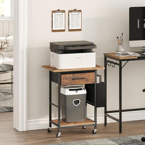 حامل طابعة مع درج تخزين، طاولة طابعة بطبقتين تحت المكتب مع حقيبة جانبية للمكتب المنزلي، عربة طابعة دوارة بعجلات قابلة للقفل، رف تخزين عالي التحمل، بني ريفي PTHR5601 in Kuwait