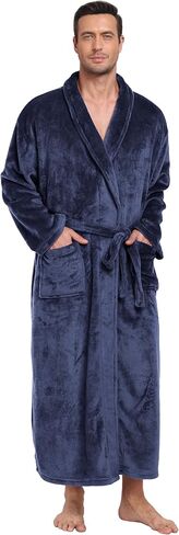 Mens Plush Fleece Robe Soft Shawl Collar Bathrobe Long Fluffy Spa Robes Winter Warm House Robe with Pockets in Kuwait