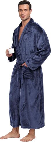 Mens Plush Fleece Robe Soft Shawl Collar Bathrobe Long Fluffy Spa Robes Winter Warm House Robe with Pockets in Kuwait