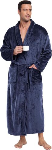 Mens Plush Fleece Robe Soft Shawl Collar Bathrobe Long Fluffy Spa Robes Winter Warm House Robe with Pockets in Kuwait