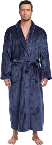 Mens Plush Fleece Robe Soft Shawl Collar Bathrobe Long Fluffy Spa Robes Winter Warm House Robe with Pockets in Kuwait