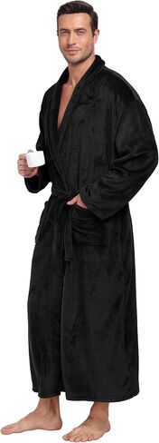 Mens Plush Fleece Robe Soft Shawl Collar Bathrobe Long Fluffy Spa Robes Winter Warm House Robe with Pockets in Kuwait