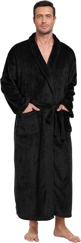 Mens Plush Fleece Robe Soft Shawl Collar Bathrobe Long Fluffy Spa Robes Winter Warm House Robe with Pockets in Kuwait