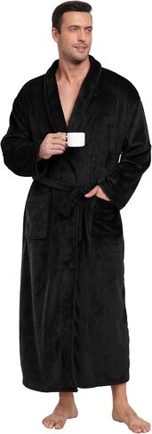 Mens Plush Fleece Robe Soft Shawl Collar Bathrobe Long Fluffy Spa Robes Winter Warm House Robe with Pockets in Kuwait