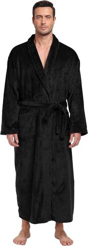 Mens Plush Fleece Robe Soft Shawl Collar Bathrobe Long Fluffy Spa Robes Winter Warm House Robe with Pockets in Kuwait