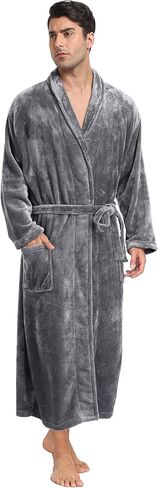 Mens Plush Fleece Robe Soft Shawl Collar Bathrobe Long Fluffy Spa Robes Winter Warm House Robe with Pockets in Kuwait