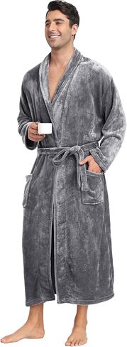 Mens Plush Fleece Robe Soft Shawl Collar Bathrobe Long Fluffy Spa Robes Winter Warm House Robe with Pockets in Kuwait