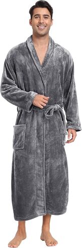 Mens Plush Fleece Robe Soft Shawl Collar Bathrobe Long Fluffy Spa Robes Winter Warm House Robe with Pockets in Kuwait