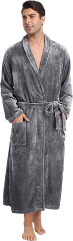 Mens Plush Fleece Robe Soft Shawl Collar Bathrobe Long Fluffy Spa Robes Winter Warm House Robe with Pockets in Kuwait