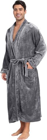 Mens Plush Fleece Robe Soft Shawl Collar Bathrobe Long Fluffy Spa Robes Winter Warm House Robe with Pockets in Kuwait