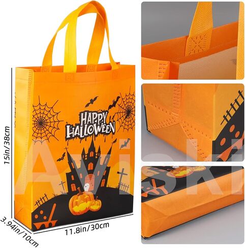 Aviski 12PCS Halloween Trick or Treat Bags,Halloween Tote Bags with Handles, Large Gift Bags, Multifunctional Non-Woven Halloween Bags for Gifts Wrapping, Halloween Party Supplies, 15×11.8×3.9" in Saudi Arabia