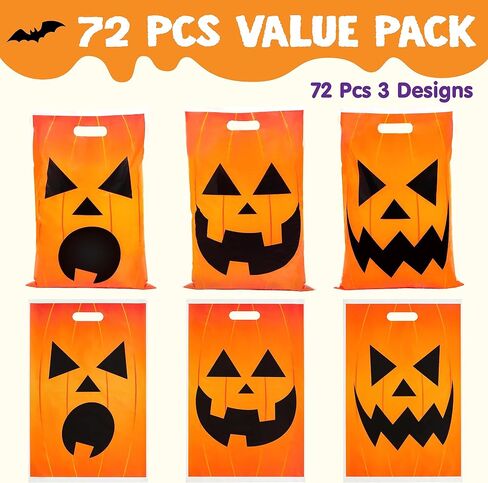 JOYIN 72 Pcs Halloween Goodie Bags, Pumpkin Plastic Candy Bags for Kids Trick or Treating, Halloween Jack o' Lantern Trick or Treat Bags for Halloween Snacks Party Favors, Treats Party Supplies in Saudi Arabia