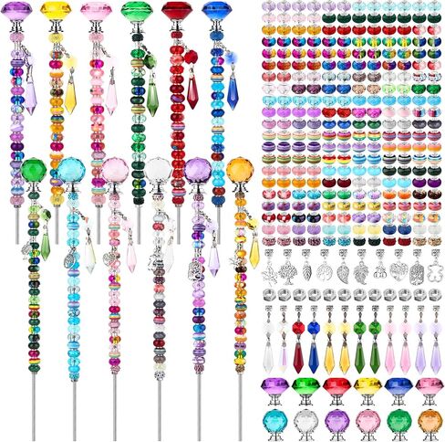 192 Pcs Beaded Garden Stakes Kit - DIY Fairy Wand Garden Stake Beads Kit with 8 Colorful Crystal Stopper Tops 8 Threaded Rods 8 Crystal Charms & 158 Round Beads for Garden Craft Decoration Supplies in Saudi Arabia