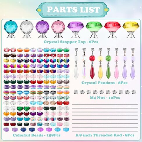 192 Pcs Beaded Garden Stakes Kit - DIY Fairy Wand Garden Stake Beads Kit with 8 Colorful Crystal Stopper Tops 8 Threaded Rods 8 Crystal Charms & 158 Round Beads for Garden Craft Decoration Supplies in Saudi Arabia