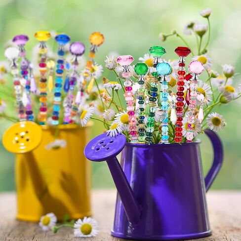192 Pcs Beaded Garden Stakes Kit - DIY Fairy Wand Garden Stake Beads Kit with 8 Colorful Crystal Stopper Tops 8 Threaded Rods 8 Crystal Charms & 158 Round Beads for Garden Craft Decoration Supplies in Saudi Arabia