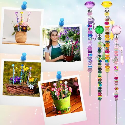 192 Pcs Beaded Garden Stakes Kit - DIY Fairy Wand Garden Stake Beads Kit with 8 Colorful Crystal Stopper Tops 8 Threaded Rods 8 Crystal Charms & 158 Round Beads for Garden Craft Decoration Supplies in Saudi Arabia