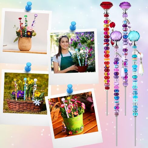 192 Pcs Beaded Garden Stakes Kit - DIY Fairy Wand Garden Stake Beads Kit with 8 Colorful Crystal Stopper Tops 8 Threaded Rods 8 Crystal Charms & 158 Round Beads for Garden Craft Decoration Supplies in Saudi Arabia